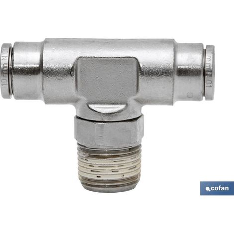 COFAN conexión t tubo 10mm. macho 1/4 , Racores en T roscados metálicos recuperables de conexión instantánea para tubos desde 4mm hasta 8mm de exterior. Adecuados para instalacione