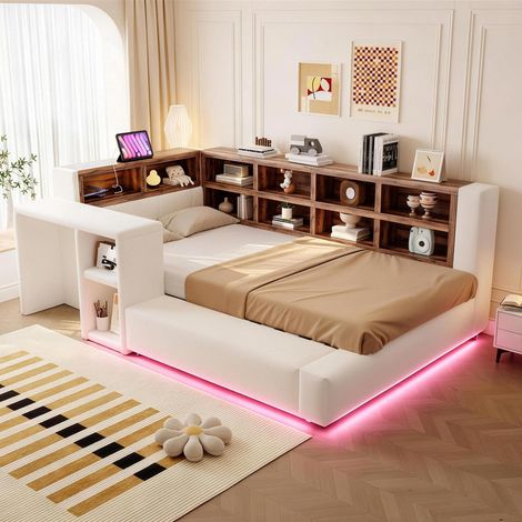 Canapé-lit capitonné 90x200cm, rangement, éclairage LED, prises, table d'appoint, dossier capitonné, velours+MDF, beige (1/5)