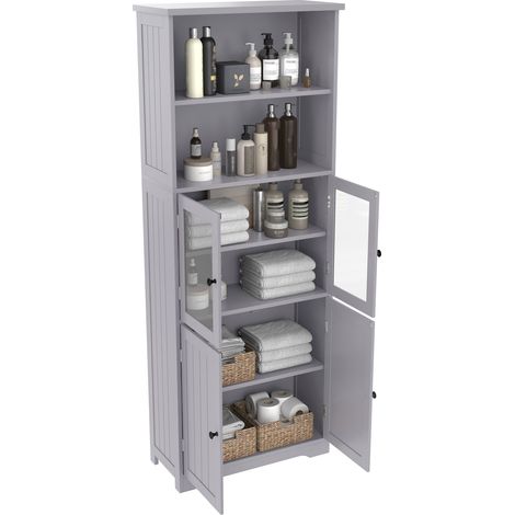 Colonna bagno 57x28x160cm resistente all umidita grande capacita anta vetro anta MDF Grigio per bagno