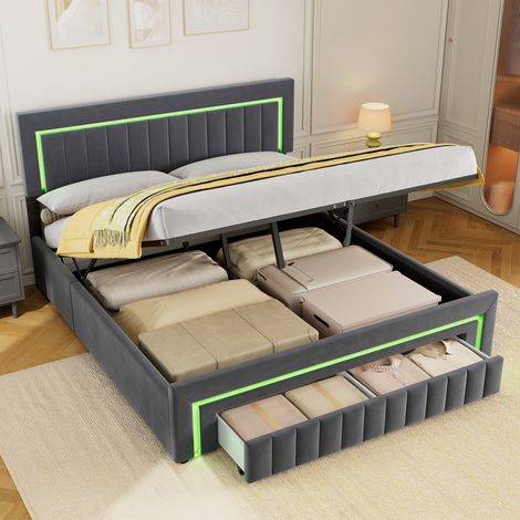 Cama tapizada 180 x 200 cm con iluminación LED en el cabecero, cajones en el pie de cama con ruedas de fácil deslizamiento (1/5)
