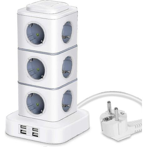 Multiprise verticale 2025, 12 prises de courant avec 4 ports USB, protection contre les surtensions, convient à une utilisation à domicile/au bureau, rallonge de 3 mètres (2500 W) (1/5)