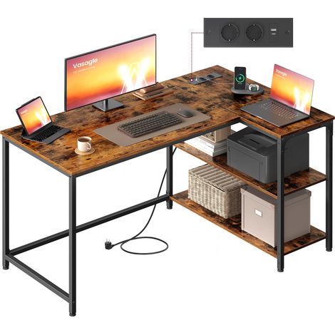 Bureau Gaming en L, Bureau avec Rangement, Étagères Réversibles à Hauteur Réglable, pour Domicile, avec Prises de Courant et 2 Ports USB, 120 x 80 cm, Marron Rustique LWD132KD01 (1/5)
