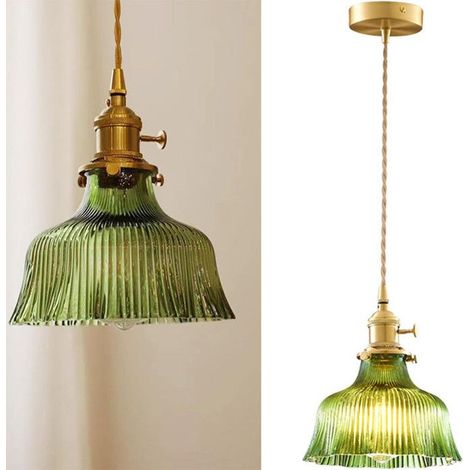 Vintage Lampe à Suspension d'Abat-jour en Verre, Luminaire de Plafond Loft Bar en Laiton E27 Prise, Mini Lustre,Vert, 18cm (1/5)