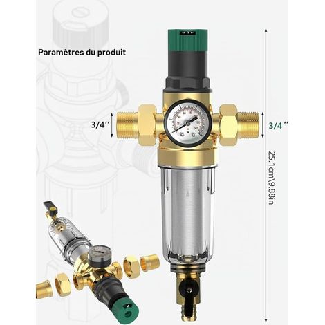Filtre à contre-lavage, laiton réducteur de pression d'eau de 1 pouce et manomètre, reducteur de pression eau 3/4 pouce DN 20 filtre à sédiments, filtre à eau domestique réutilisable (1/2)