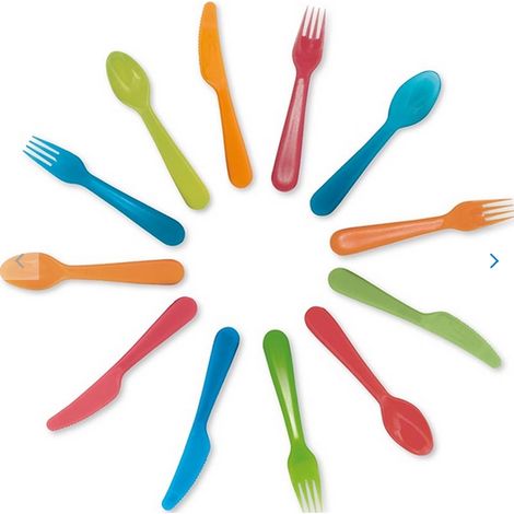 Set di 12 posate riutilizzabili in plastica colorata. (1/2)