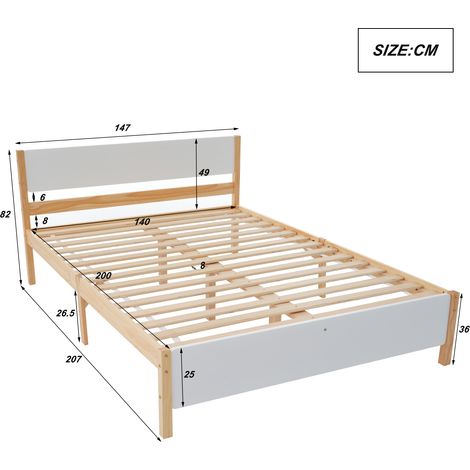 Cadre de lit double en pin massif, sommier à lattes central, literie adulte et enfant, tête et pied en MDF, finition blanche et naturelle, 140x200 cm (1/5)