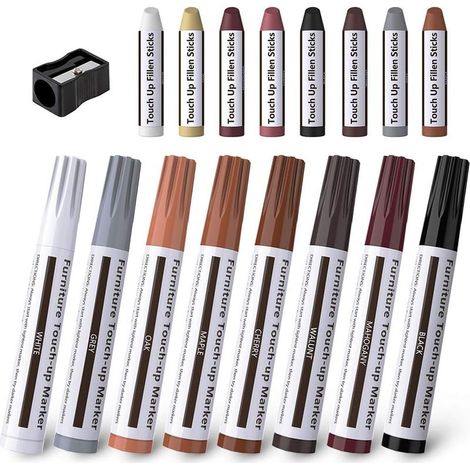 17 pcs Stylos de retouche de Meubles Marqueur feutré Multi-usages Kit de réparation de Meubles pour teintures, égratignures, planchers de bois, tables avec Taille-Crayon (1/5)