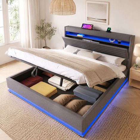 Stauraumbett 180x200 cm Grau aus Leinen mit LED-Beleuchtung, USB-C-Ladefunktion und hydraulischem Stauraum (1/5)