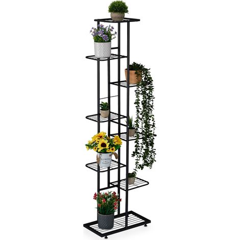 Relaxdays Blumenregal, 8 Ablagen für bis zu 9 Blumen- & Pflanzentöpfe, Metall, Pflanzentreppe, 142x45x22 cm, schwarz