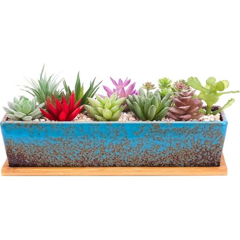 Pots de Fleurs succulentes rectangulaires de 30 cm de Long avec Plateau de Drainage, Grands Pots de Fleurs Cactus en céramique pour intérieur/extérieur, bonsaï, décoration d'intérieur, Bleu (1/5)
