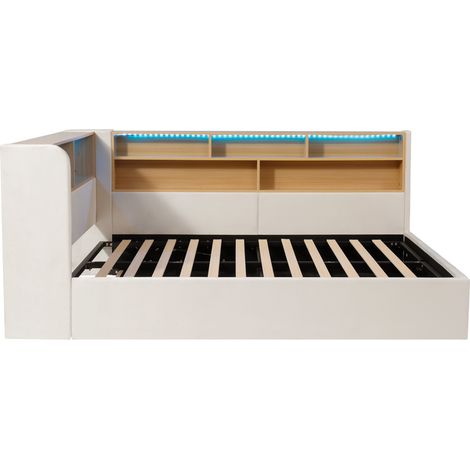 Cama canapé 140x190 cm con arcón hidráulico, LED, USB y USB-C, terciopelo beige, MODENUIT (1/5)