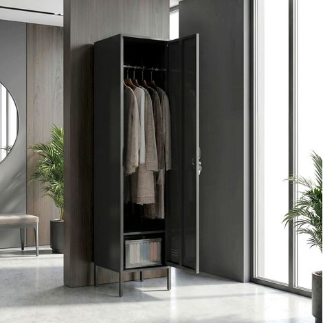 Vestiaire en acier avec porte verrouillable et tringle 40 x 40 x 179 cm noir OKWISH (1/5)