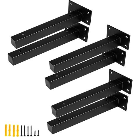 6 Pcs Equerre Etagere Industrielle Support d'étagère Murale Fixation Rétro,Supports Equerre Etagere，Supports Plateaux en Métal avec Vis Tablette Mural Bride,Noir en Acier Inoxydable (8in Noir)