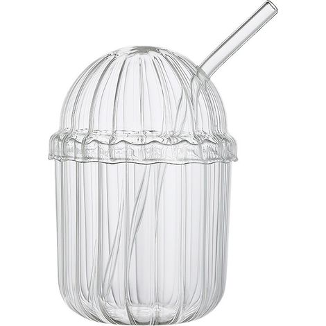 Gobelet à paille en verre borosilicate rayé 400 ml avec couvercle pour thé au lait et boissons fraîches design créatif (1/5)
