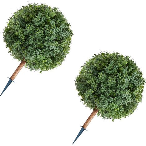 Arbres artificiels buis avec pique terre, lot de 2 faux arbustes 686mm plantes en pot, imitation soie réaliste pour déco extérieur intérieur terrasse jardin balcon cour (1/5)