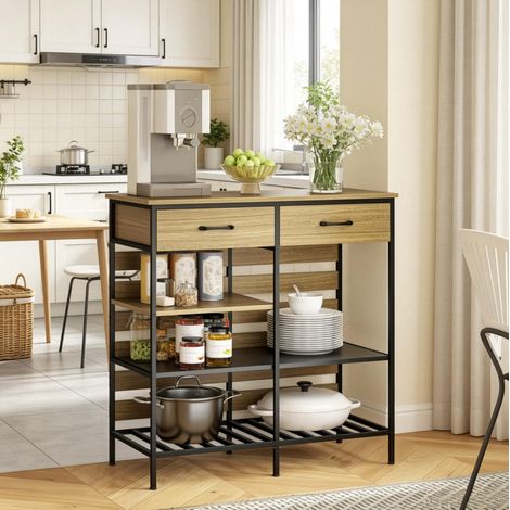 Buffet de cuisine 90 cm avec 2 tiroirs et 3 étagères ouvertes OKWISH (1/5)