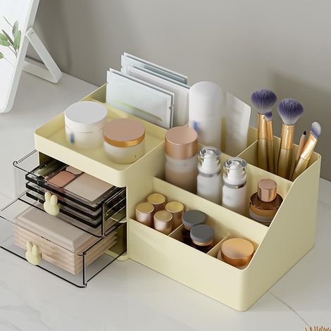 Organisateur de maquillage avec tiroirs et plusieurs compartiments, en plastique, grande capacité, pour rouges à lèvres et bijoux, jaune. (1/5)