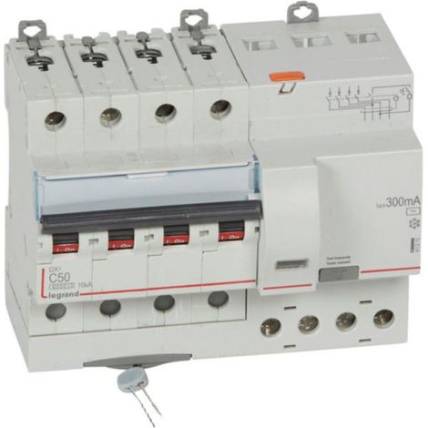 Disjoncteur différentiel monobloc DX³6000 10kA arrivée haute et départ bas à vis 4P 400V - 50A - typeAC 300mA - LEGRAND