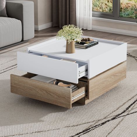 Table basse 60x60x38 cm avec un plateau pivotant à 360° et des tiroirs, coloris noyer/blanc (1/5)