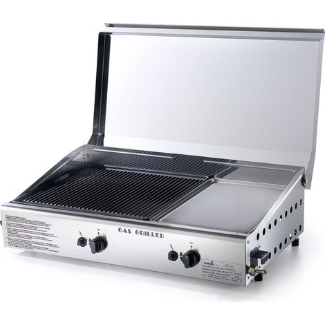 Doppia Piastra di Cottura con Cover Ompagrill Plancha Double 0470 Alimentazione a Gas GPL con Accensione Piezoelettrica in Acciaio Inox e Ghisa