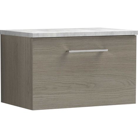 Nuie Arno Wall Hung 1-Drawer Vanity Unit with Bellato Grey Worktop 600mm Wide - Solace Oak Woodgrain (1/5)