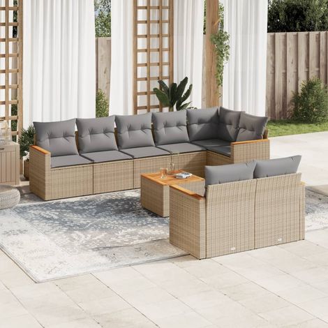 9-tlg. Garten-Sofagarnitur mit Kissen Beige Poly Rattan (1/3)