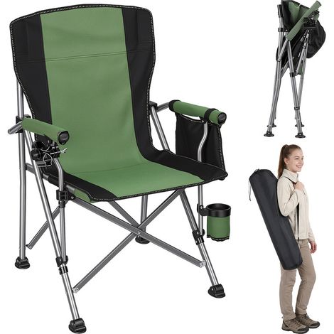 FLASIDU – Tragbarer klappbarer Campingstuhl – Angelstuhl mit Getränkehalter, Seitentasche und Tragetasche – robuster Stahlrahmen, belastbar bis 150 kg, grün, zum Angeln, Camping, Strand, Garten