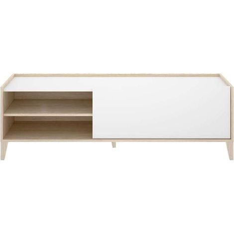 Mueble de televisión 1 puerta 2 huecos modelo Celia acabado Natural-Blanco, 49.5cm(alto) 155cm(ancho) 43cm(fondo). (1/5)