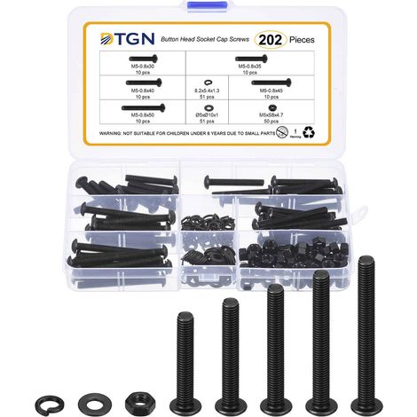 202Pcs M5-0.8x30/35/40/45/50mm Bouton Hex Vis À Tête Bombée - Ensemble Boulon Écrou Rondelle En Acier Au Carbone - Road Bicycle, Mountain Bike, Auto (1/5)
