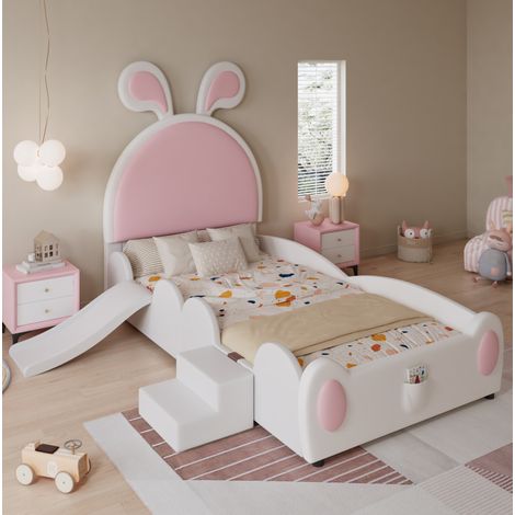 Lit enfant 160 x 200 cm rembourré lapin en PU avec toboggan et escalier, rangement pratique (1/5)