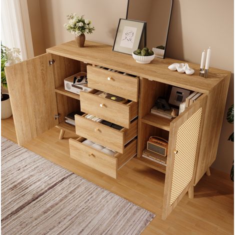 Aparador 140x40x86 cm roble claro en madera con 4 cajones, 2 puertas y estantes regulables (1/5)