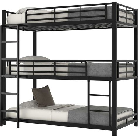 Letto a castello triplo 90x200 cm in metallo nero, struttura salvaspazio con scala fissa e sponde di sicurezza, per bambini e adulti per la casa CHICFURN (1/5)