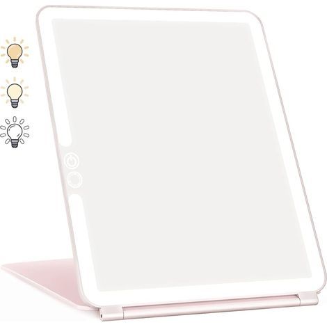 Espejo de maquillaje, espejo de maquillaje con luz, espejo LED, espejo de viaje con pantalla táctil (rosa) (1/4)