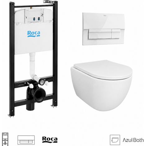 Pack WC Bastidor empotrado ROCA Active cisterna empotrada y pulsador blanco New con inodoro suspendido SWISS 53 cm Tornado y Soft-Close de Azul Bath (1/5)