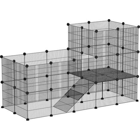 Enclos pour petits animaux, cage modulaire à double couche pour lapins, 39 panneaux avec rampes, acier, 140 x 70 x 105 cm, noir. (1/5)