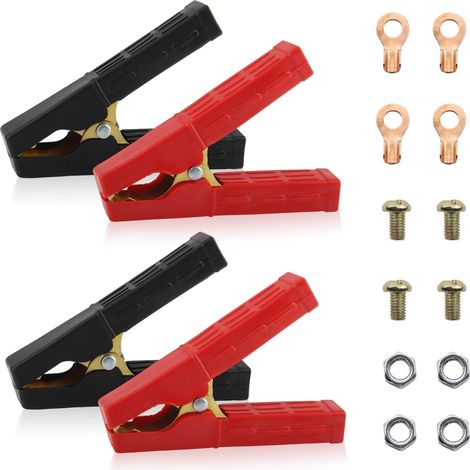 Vier Krokodilklemmen 100-500A Starterklemmen, Batterieklemmen aus reinem Kupfer mit isolierten Tüllen und Kunststoffgriffen, geeignet für Autobatterie-Starterkabel (rot + schwarz).