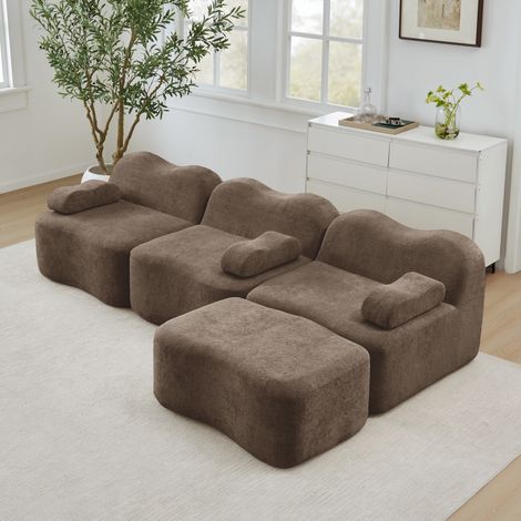 Sofá esquinero modular de 3 plazas, sofá en L con puf para salón, sin armazón, tapizado en terciopelo y espuma de alta densidad 32D, Marrón (1/5)