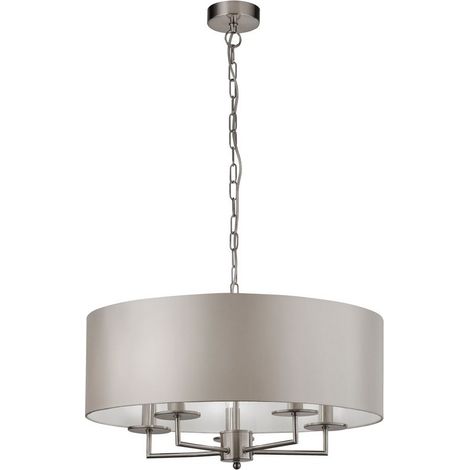 Searchlight KNIGHTSBRIDGE - Suspension de plafond en argent satiné à 5 ampoules avec abat-jour en soie artificielle argentée (1/3)