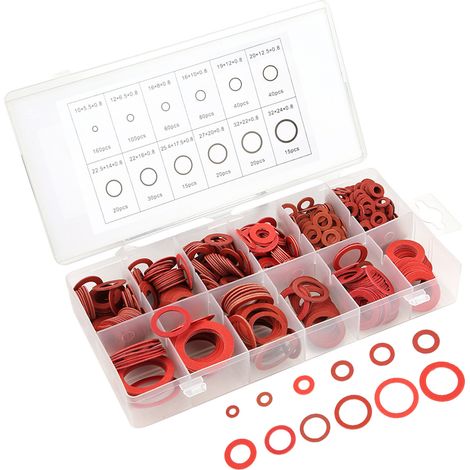 Kit de 600 rondelles plates isolantes en acier rouge, papier et fibre, de 12 tailles différentes, avec boîte. (1/5)