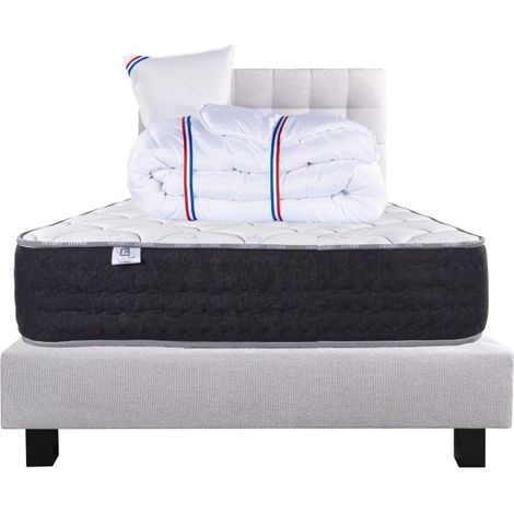 Ensemble Matelas Serenite, 27 cm, ressorts ensachés, ferme, face été/hiver+sommier gris ep20cm+oreiller+couette+Tête de Lit, 90x190cm (1/5)