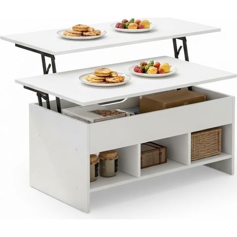 ELVMI Tavolino da Salotto Elevabile con Piano Pieghevole, Vano Nascosto e 3 Scomparti, per Soggiorno, Legno e Metallo, Bianco (1/5)