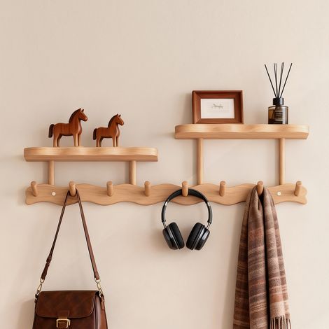 Patère murale en bois massif avec tablette supérieure, porte‑manteau pour murs, rangement entrée sans perçage possible (1/3)