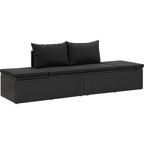 Chaise longue  Transat  Bain de soleil avec coussins Résine tressée Noir (1/5)