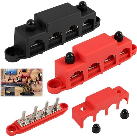 2 Pièces 12V-48V Barre de Distribution D'alimentation, 250A Bornier Électrique avec 4 x M10 Boulons de Borne, Bloc de Distribution DC, Barre Collectrice M8 avec Couvercle (Rouge et Noir) (1/5)