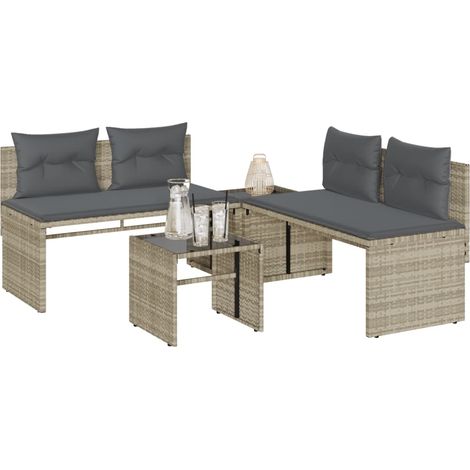 4-tlg. Garten-Sofagarnitur mit Kissen Hellgrau Poly Rattan