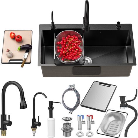 FLASIDU - Évier de cuisine - Bac simple - Revêtement nano - Acier inoxydable de qualité supérieure - 80 × 45 × 20 cm, Noir (1/5)