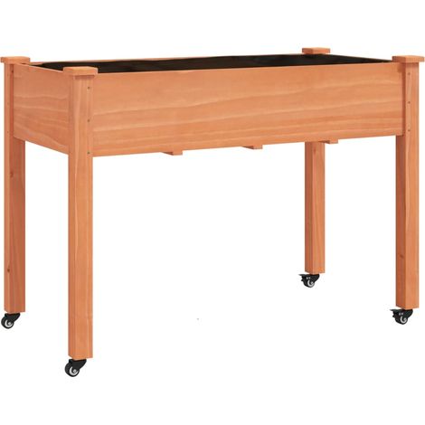 Vassoio per fioriera aiuola rialzata piante fiori terrazza giardino su ruote con rivestimento marrone 118 x 59 x 80 cm legno di abete marrone 020038729