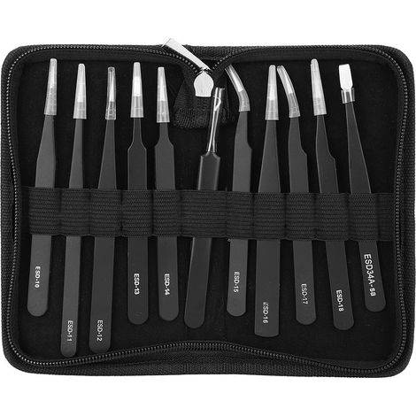 Lot de 11 pinces de précision en acier inoxydable haute dureté, accessoires de réparation avec étui (1/5)