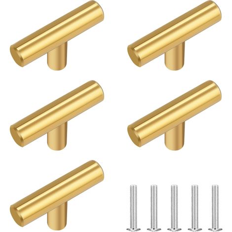 Boutons de meuble en acier inoxydable, boutons de tiroir et de placard de cuisine à trou unique – Finition Laiton Brossé – Pour cuisines, commodes et salles de bain (Lot de 5, Doré)
