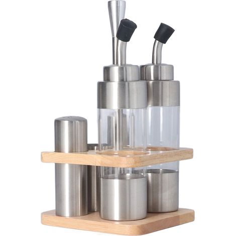 Gewürzflaschen-Set mit Holzständer, Küchentisch-Gewürzflaschenhalter aus Edelstahl 304 für Öl, Salz, Sojasauce (1/5)